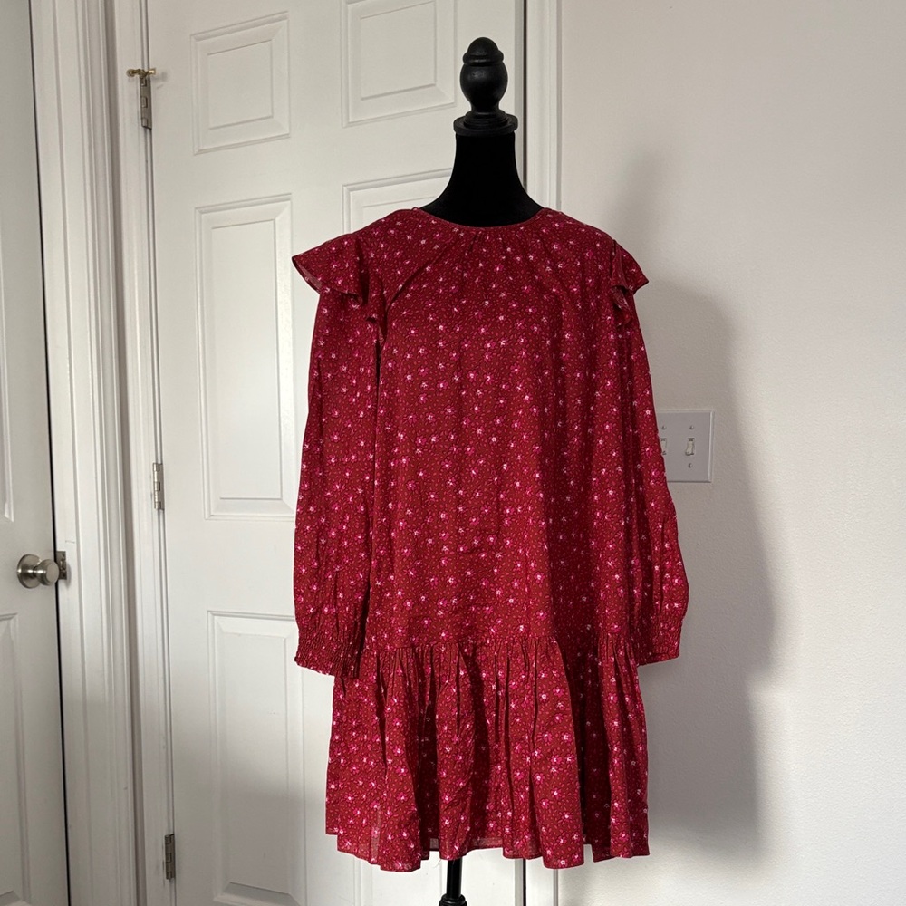 Ann Taylor Floral Ruffle Trim Shift Dress in the "Wild Hibiscus" colorway